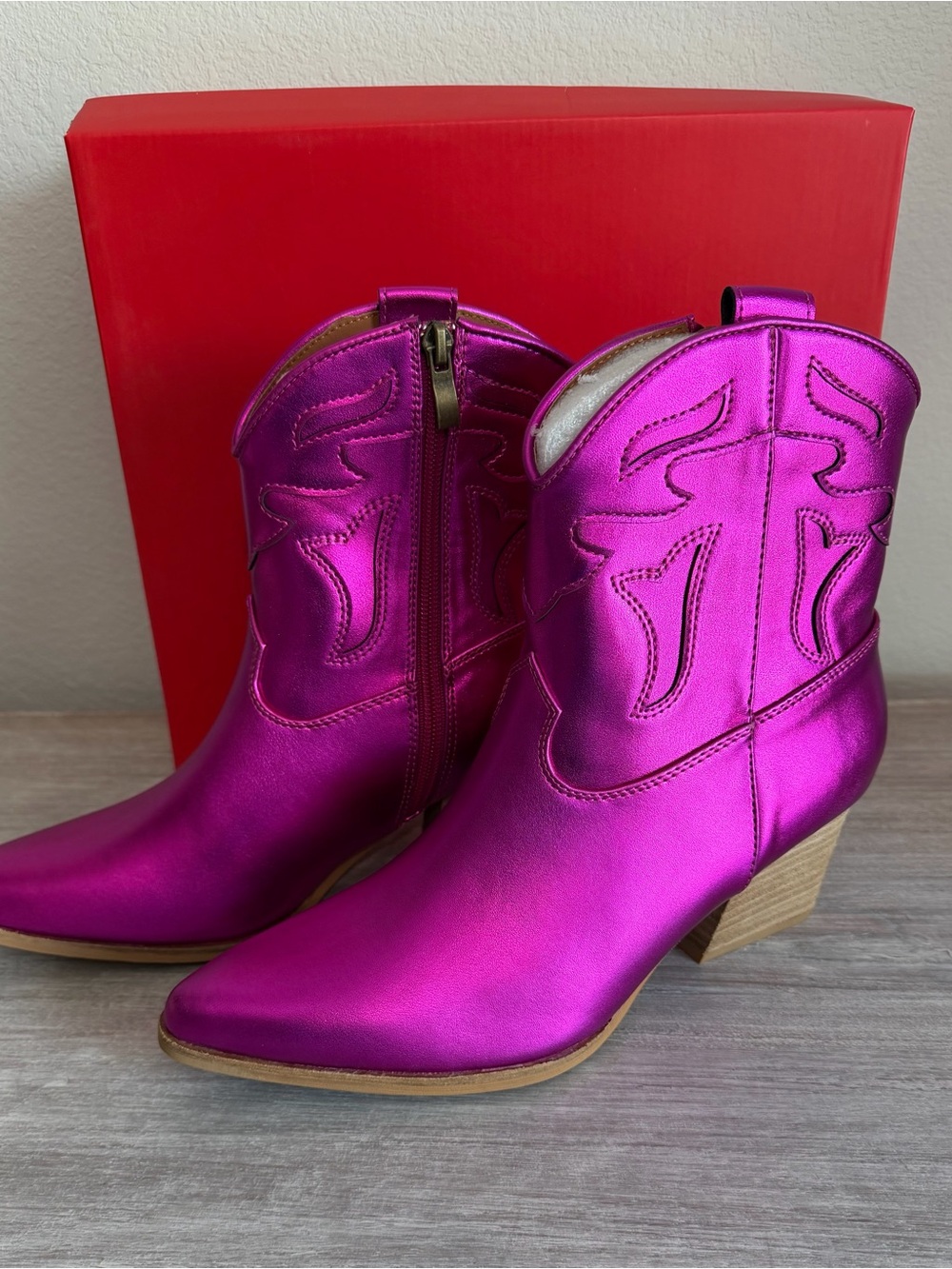 Metallic Fuchsia Western Beast Fashion Zip Ankle Heel Boots Booties 8